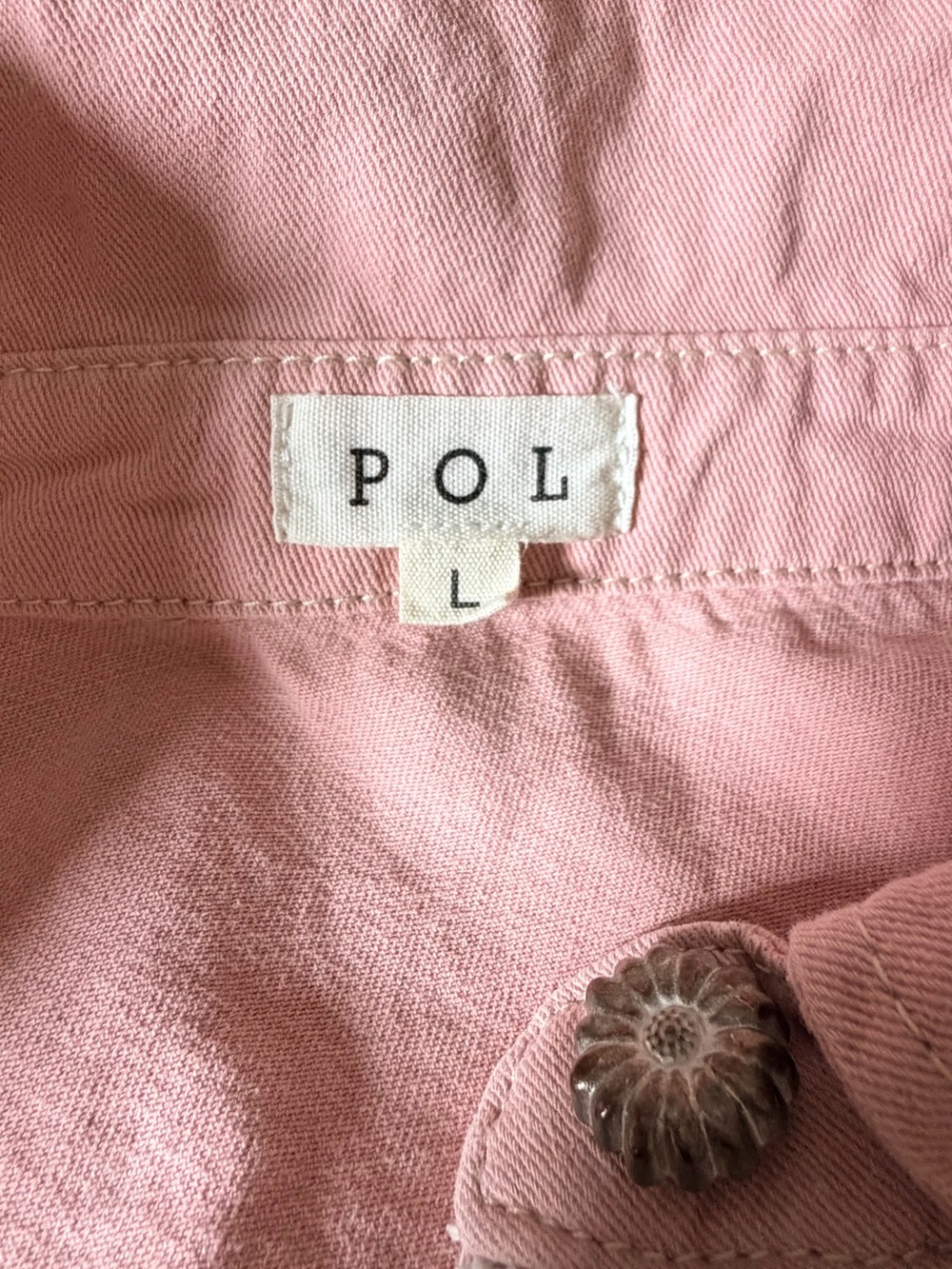 POL Clothing Boho Mixed Lace Patchwork Denim Shacket Pink Size Large - Picture 10 of 12